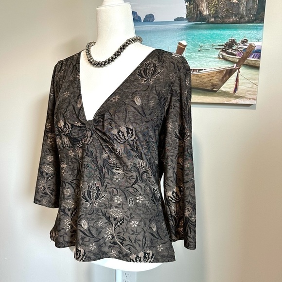 Hanky PANKY Woven Stretch Top Charcoal Dark Silver & Black Perfect 3/4 Sleeve - Picture 2 of 8